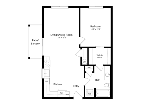 A floor plan of a house with a living room, kitchen, bath, and bedroom.